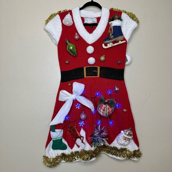 Ugly Christmas Sweater Dress Santa LIGHTS UP Tacky Tinsel Xmas Party Winner - Picture 1 of 5